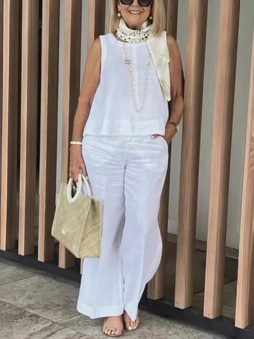 Women Cotton Linen Summer 2-Piece Set – Sleeveless Loose Blouse & Wide Leg Pants Casual Fashion Outfit Suit
