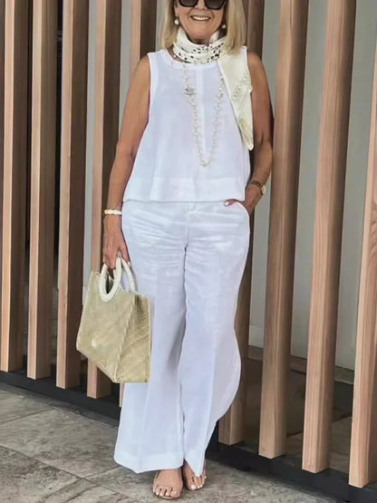 Women Cotton Linen Summer 2-Piece Set – Sleeveless Loose Blouse & Wide Leg Pants Casual Fashion Outfit Suit