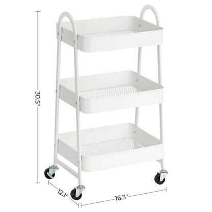 SONGMICS 3-Tier Rolling Utility Cart — Metal Storage Trolley with Wheels, Brakes & Handles for Kitchen or Home Organization