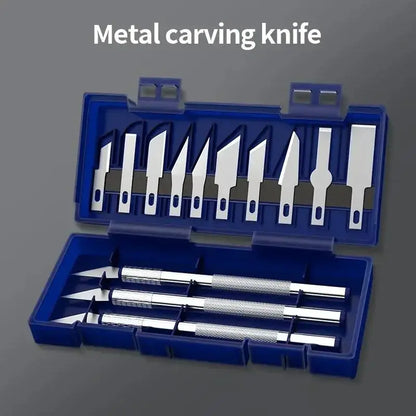13PCS Metal Scalpel Knife Set – Portable Blue Box with 3 Handles & 10 Blades for Precision Carving, DIY & Repair Tools