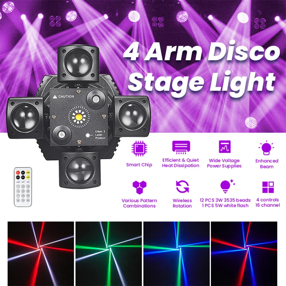 48W 4-Arm Mini Moving Head DJ Light – RGBW LED Disco Strobe with DMX512 for Party, Nightclub & Stage Effects