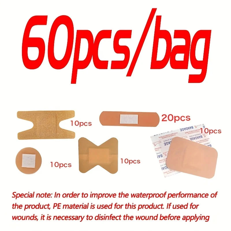 60PCS Waterproof Bandage Variety Pack – Breathable First Aid Wound Plasters & Medical Tape Set