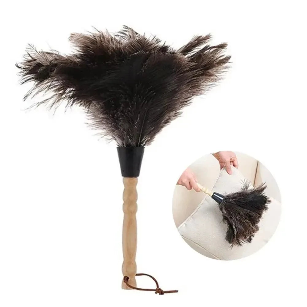 Ostrich Feather Duster - Wooden Handle Anti-Static Cleaning Brush for Home Dust Removal