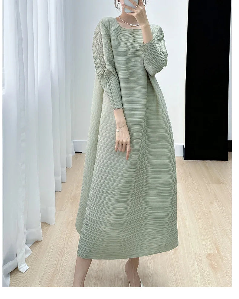 2023 Women's Miyake Pleated Long Dress – Full Sleeve, Round Neck, Korean Fashion, Plus Size Summer Style