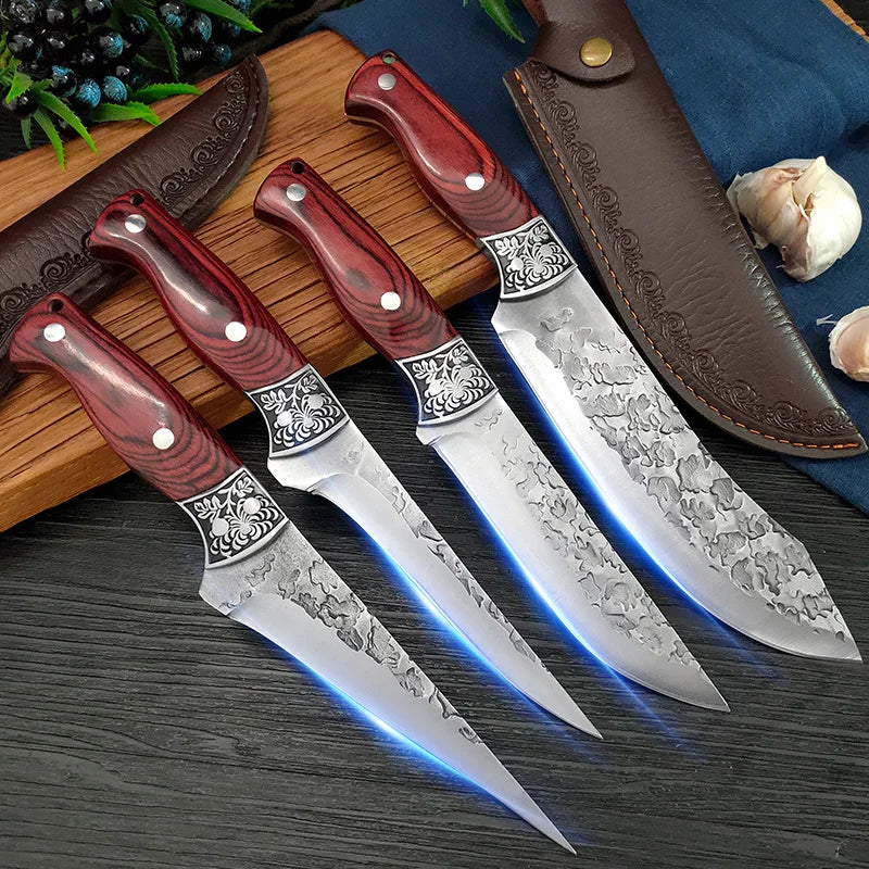 Kitchen Boning Knife Set - Stainless Steel Chef's Meat Cleaver, Butcher Knife, and Fruit Paring Knife with Wood Handle for Cutting Meat, Pork, Beef, and Fish