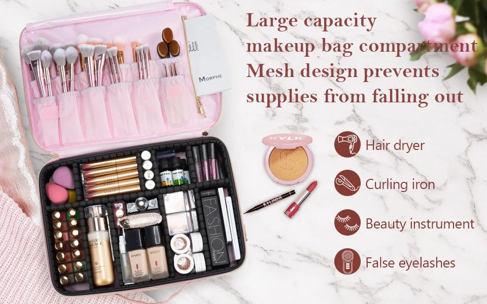 Professional Makeup Bag — Extra-Large Cosmetic Train Case with Brush Organizer, Storage Compartments & Dividers for Artists