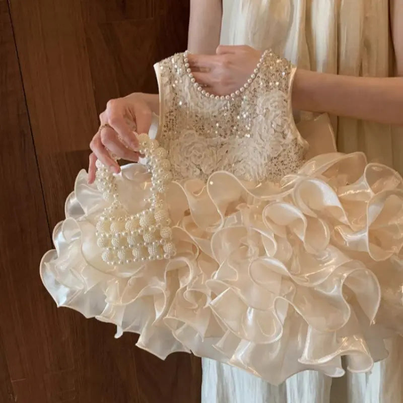 Kids Princess Party Dress - Beaded Sequin Floral Hem Birthday Costume Dress