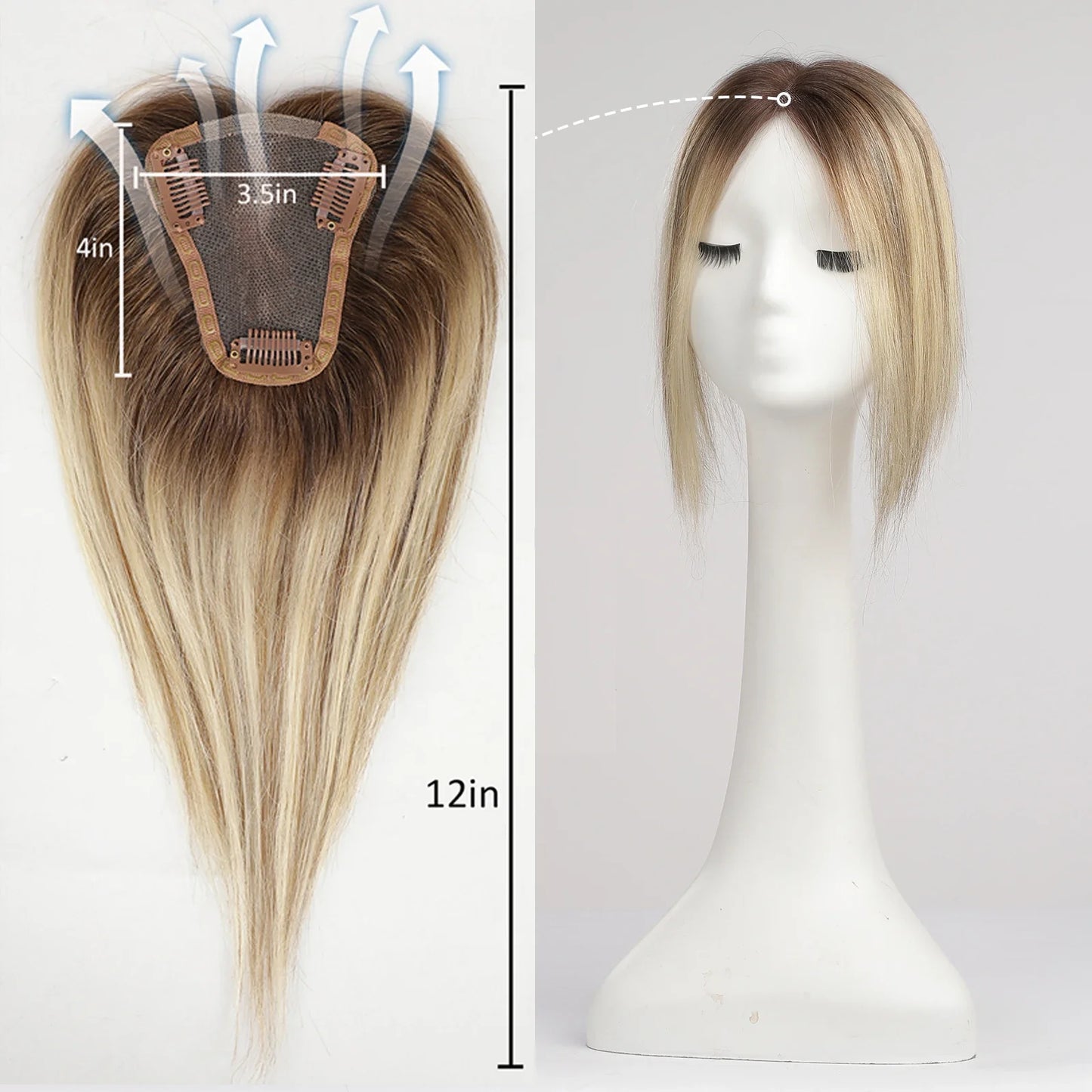 Blonde Brown Ombre Hair Topper – 100% Remy Human Hair, 12" Silk Base, 150% Density, 3-Clip Hairpiece for Women