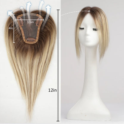 Blonde Brown Ombre Hair Topper – 100% Remy Human Hair, 12" Silk Base, 150% Density, 3-Clip Hairpiece for Women