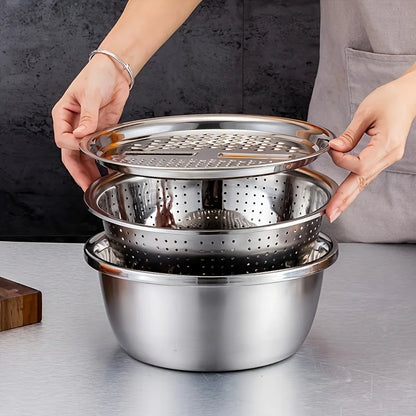 3-Piece Stainless Steel Strainer & Mixing Bowl Set – Multifunctional Fruit & Vegetable Washer and Slicer