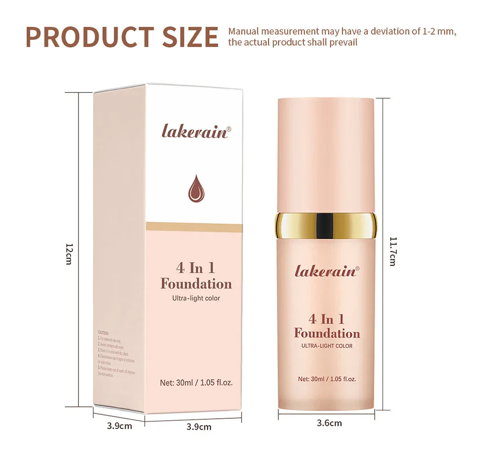 Color-Changing 4-in-1 Foundation – Moisturizing SPF 30+ Longwear Waterproof Makeup Base for Hydrating Travel Coverage