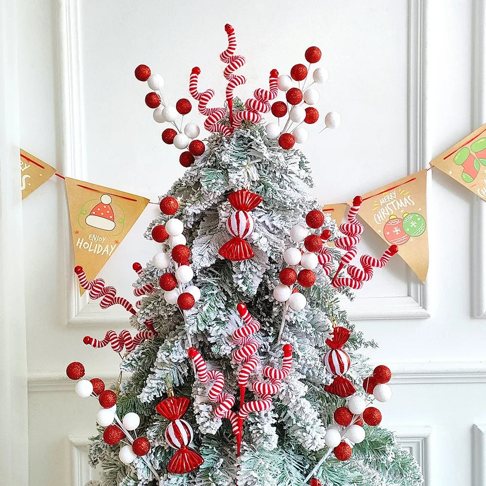 1/2PCS Red & White Woolen Bells – Candy Cane Branches for Xmas Tree, DIY Crafts, Vase & Wreath Christmas Decorations