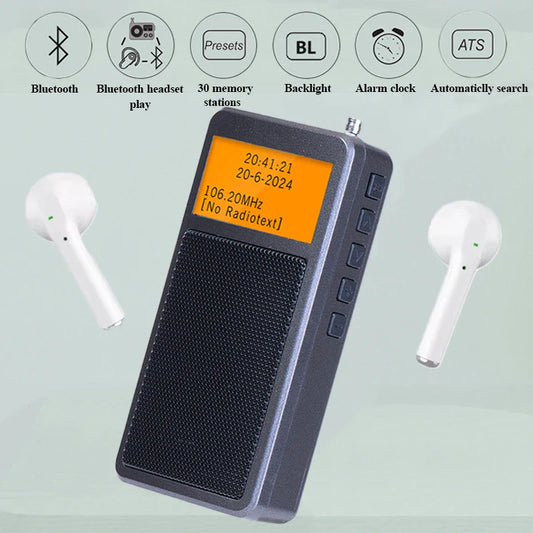 Mini Portable Bluetooth Radio – DSP FM Stereo, Wireless Bluetooth Speaker with Alarm Clock, Backlight Screen, Rechargeable