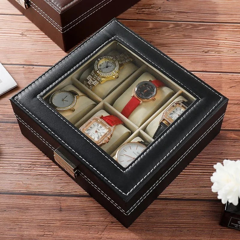DELESYS PU Leather Watch Box — 2/3/4/5/6/8/10/12 Slot Traditional Style Storage Case with Lock, Gift Watch Organizer