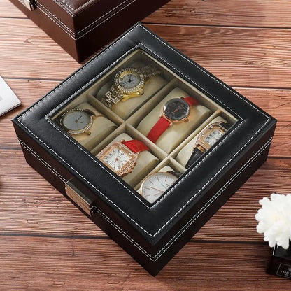 DELESYS PU Leather Watch Box — 2/3/4/5/6/8/10/12 Slot Traditional Style Storage Case with Lock, Gift Watch Organizer