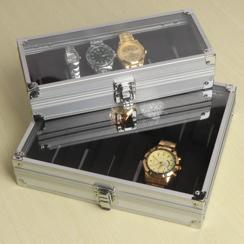 Aluminium Watch Storage Box — 12-Slot Jewelry Display Case with Suede Interior