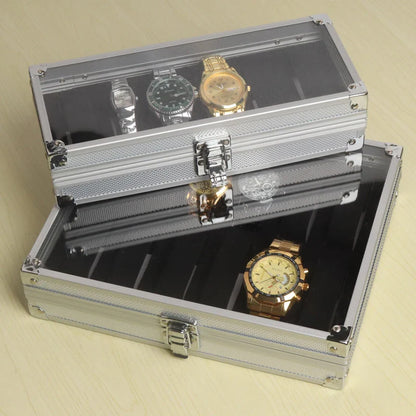 Aluminium Watch Storage Box — 12-Slot Jewelry Display Case with Suede Interior