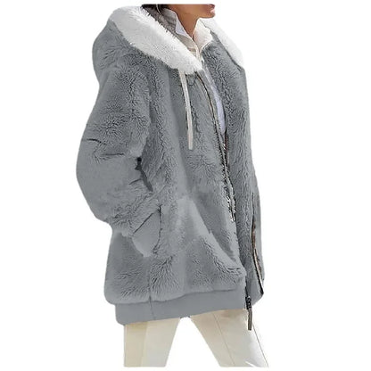 Autumn Winter Women's Hooded Coat – Casual Zipper Cashmere Fleece Jacket Solid Color Ladies Outerwear