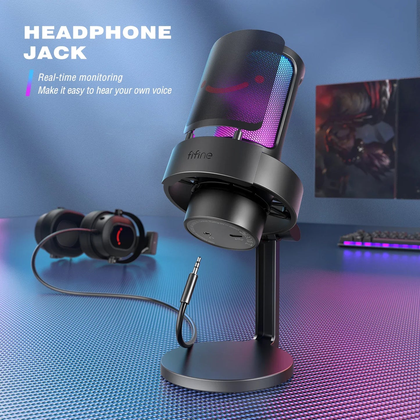 FIFINE A8 USB Microphone with RGB, Touch Mute & Headphone Output for Recording & Streaming on PC Mac