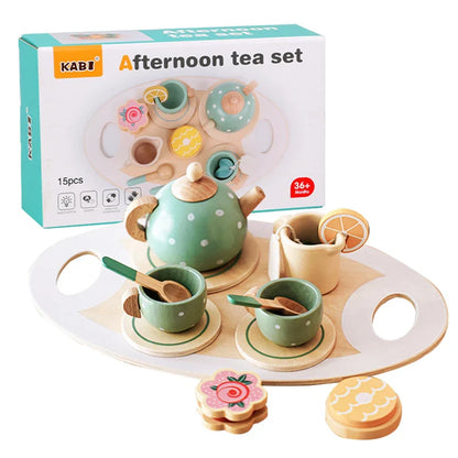 Wooden Afternoon Tea Set Toy - Pretend Play Food, Learning Role Play Game, Early Educational Toys for Toddlers, Girls, Boys, Perfect Kids Gift