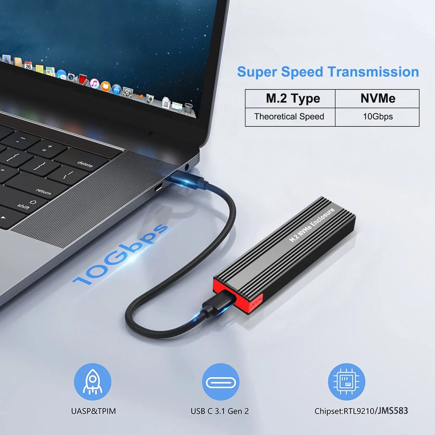 M2 NVMe SSD Enclosure – 10Gbps PCIe SSD Case, Portable USB-C 3.2 Gen2 Adapter with Heat Sink Pad, Tool-Free External Box for M.2 SSD