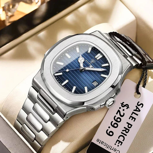 POEDAGAR Luxury Men's Watch – 30ATM Waterproof, Stainless Steel Square Quartz, Luminous Date, Business reloj hombre