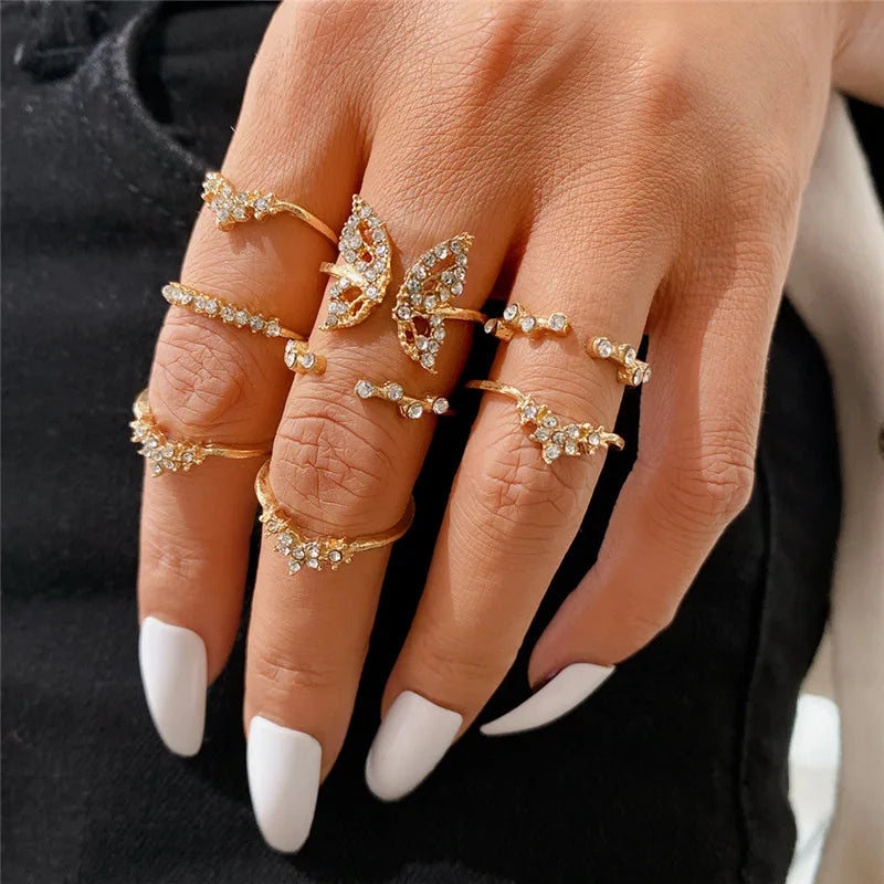 Women’s Silver Crystal Ring Set – Cubic Zirconia Moon, Arrow, Flower & Heart Wedding Fashion Jewelry
