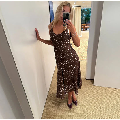 Elegant Women’s Polka Dot Maxi Dress – Chic Sleeveless Round Neck High Waist Slim Fit Vestido for Party & Street, 2025 New