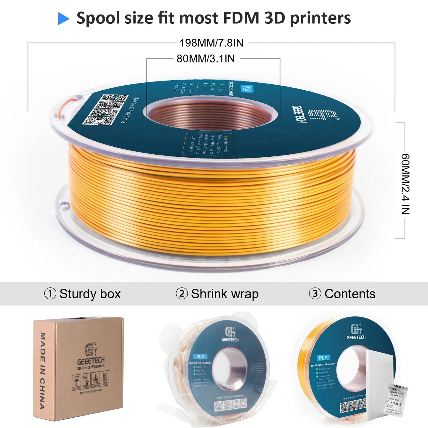 Geeetech Tri-Color Silk PLA 3D Printer Filament – 1.75mm, 1KG Spool, Vacuum Pack, Special Colors