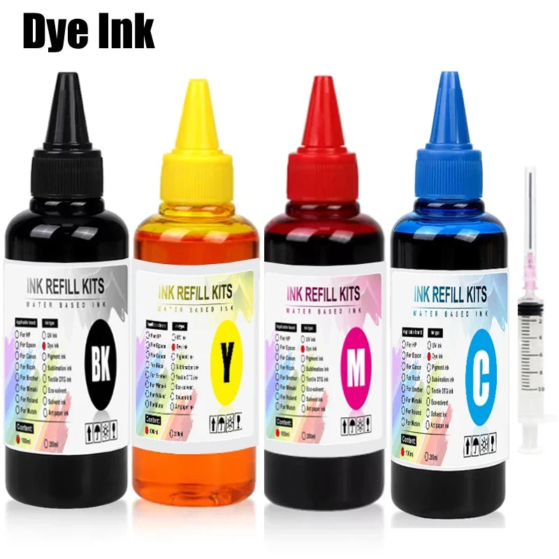 100ml Universal Dye Ink Refill Kit - BK CMY Compatible with HP Canon Epson Brother Inkjet Printers & CISS Cartridges