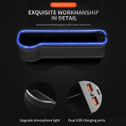 7-Color LED Car Seat Gap Filler Cup Holder: Crevice Storage Organizer Box with 2 USB Chargers - Essential Car Accessories