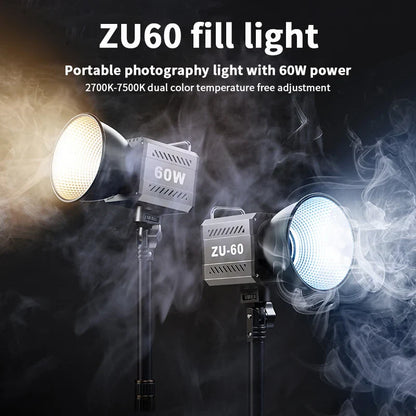 60W COB Video Light - CRI≥90, TLCI≥97, Dual Color Temperature 2700K-6500K, Portable Mini Bowens Live Lighting