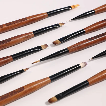 Sandalwood Handle Nail Art Brush Set – Gradient Blooming UV Gel Liner & Flower Drawing Tools for Stripes & Nail Painting
