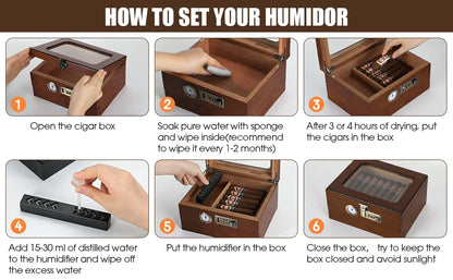 Cedar Wood Cigar Humidor – Glass Top Desktop Cigar Box with Front Hygrometer, Humidifier, Divider, and Accessories Drawer