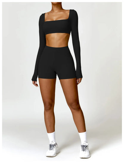 Hearuisavy 2PCS Long Sleeve Gym Set for Women, Quick-Drying Yoga Clothes, Sportswear, Running Leggings, Workout Sports Crop Top