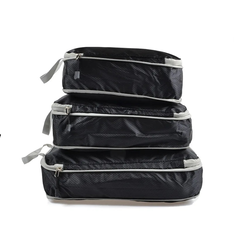 3-Piece Compressible Waterproof Nylon Packing Cubes Set – Portable Travel Storage Bags with Handbag Luggage Organizer
