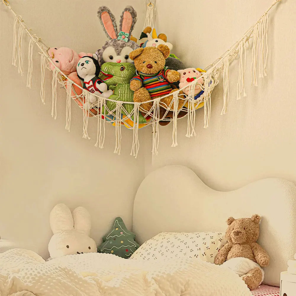 Kids Toy Hammock Wall Corner Hanging Storage Net – Woven Cotton Stuffed Animal Organizer