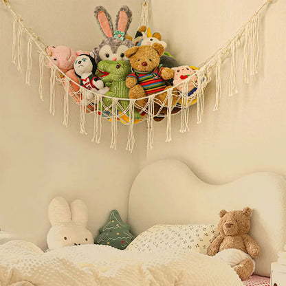 Kids Toy Hammock Wall Corner Hanging Storage Net – Woven Cotton Stuffed Animal Organizer