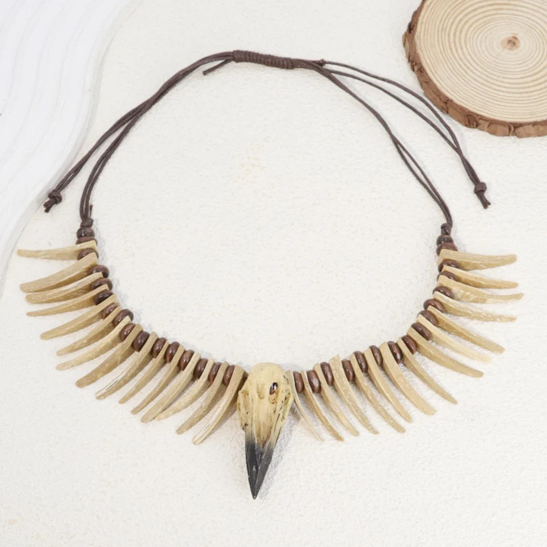 Vintage Viking Crow Skull Necklace – Gothic Resin Animal Pendant with Irregular Coconut Shell Teeth Jewelry