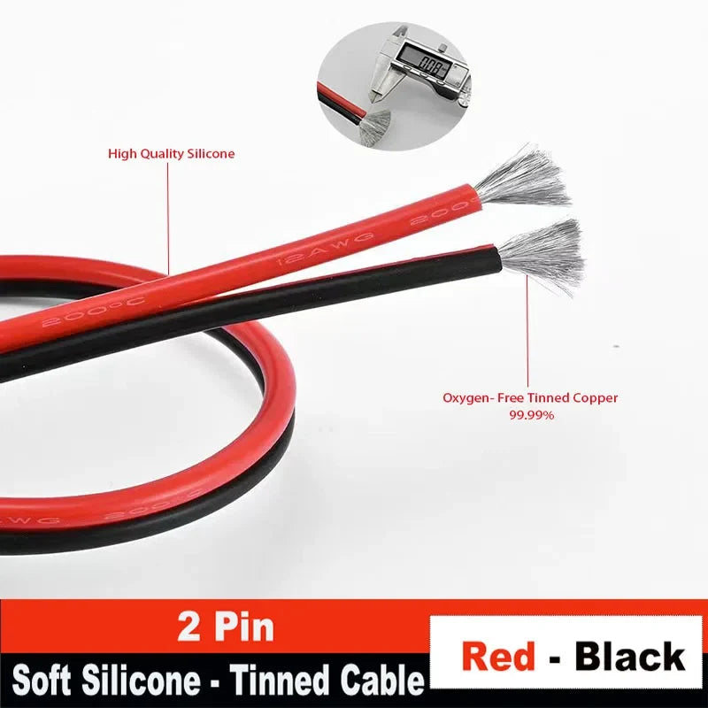 Super Soft Silicone Tinned Copper Wire - High Temperature 2-Pin Red & Black Cable (8AWG-28AWG)