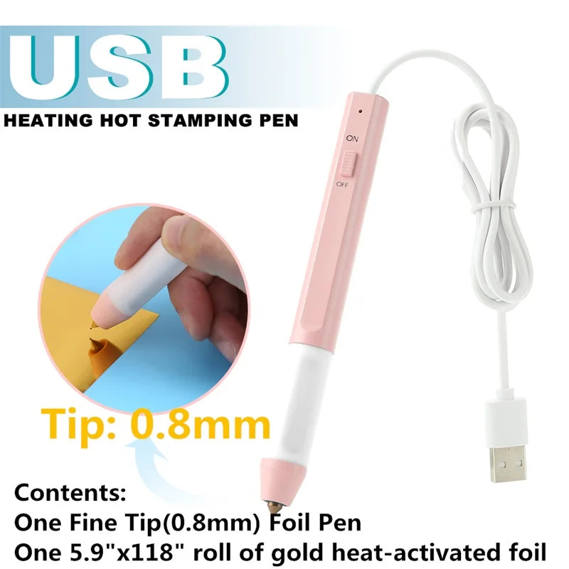USB Hot Foil Pen with 0.8/1.5/2.5mm Tips – Slim Heat-Resistant Grip for DIY Calligraphy on Paper & Leather