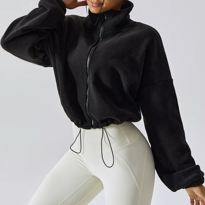Women's Polar Fleece Zip Hoodie — Athletic Loose-Fit Crop Top with Stand Collar, Thumb Holes & Drawstring Hem for Fall/Winter