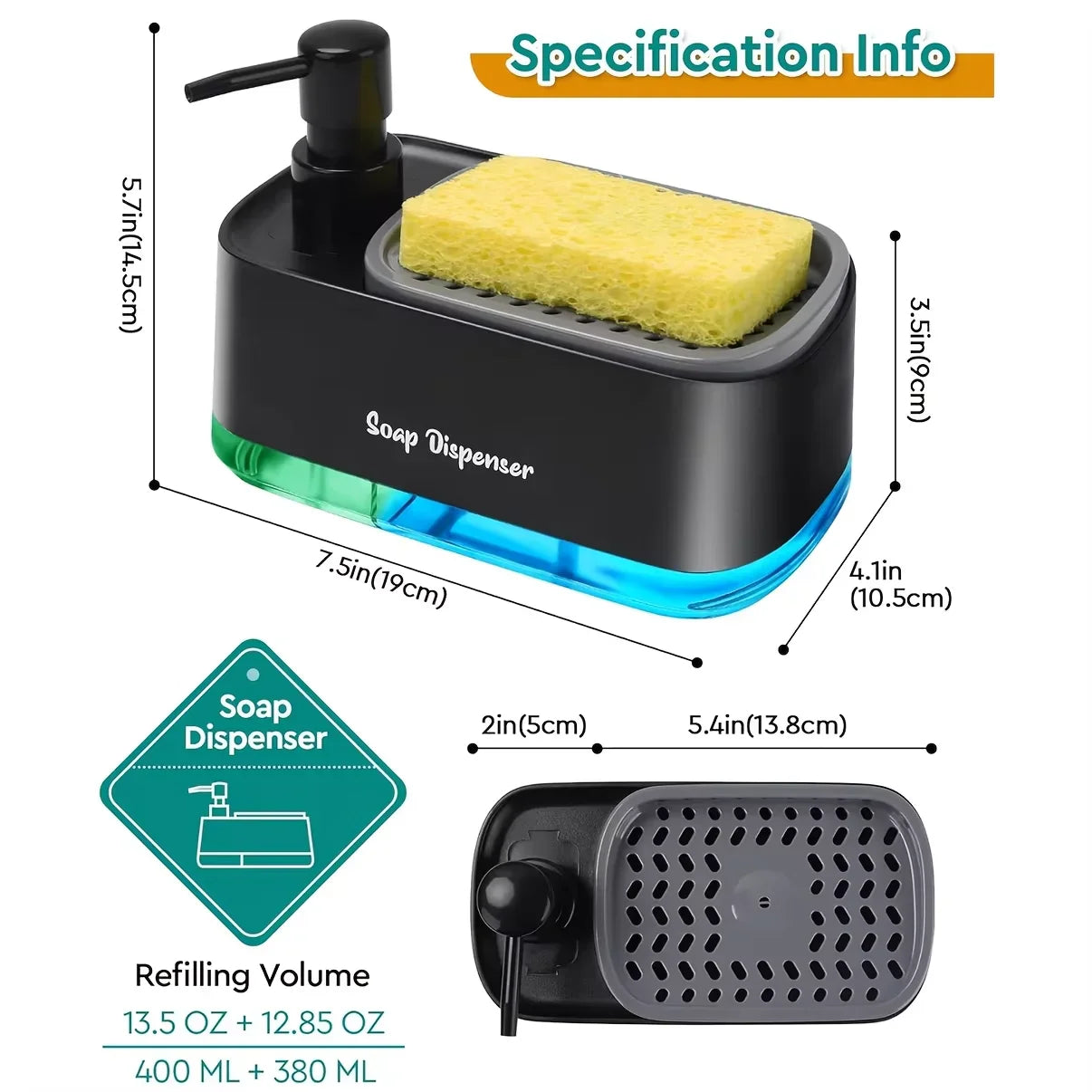 2-in-1 Hand & Dish Soap Dispenser Set — Countertop Soap Pump with Detergent Dispenser & Sponge Holder for Kitchen Sink