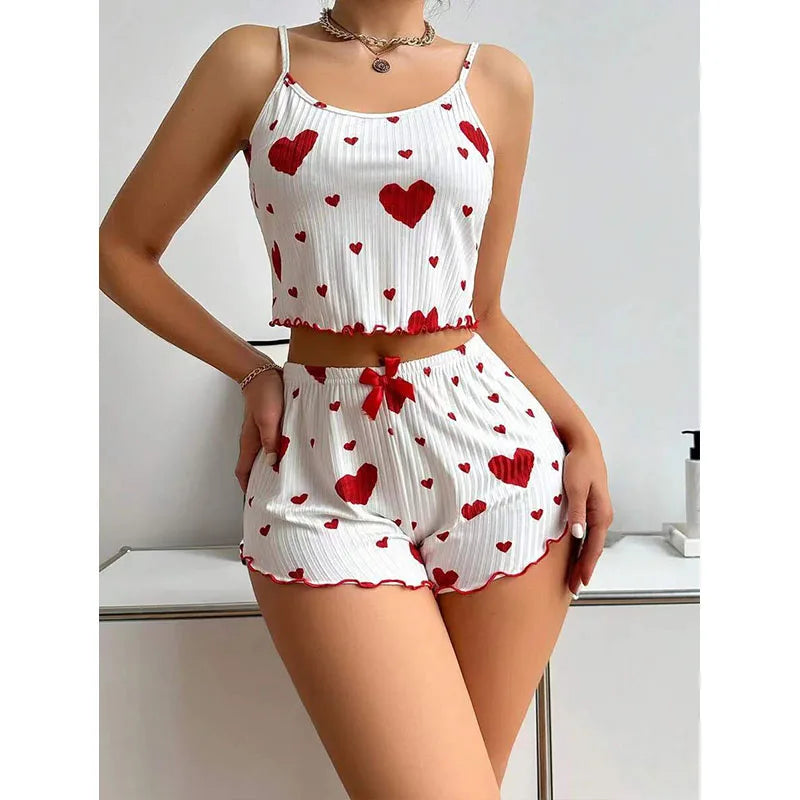 Women's 2PC Pajama Set – Soft Sleeveless Tank & Shorts | Casual Sleepwear with Love Print (S- L, White)