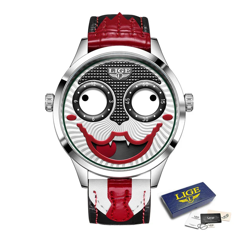 LIGE 2025 Men’s Creative Clown Quartz Watch – Waterproof Leather Strap Joker Fashion Wristwatch