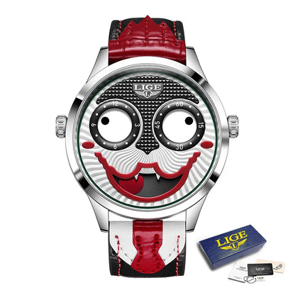 LIGE 2025 Men’s Creative Clown Quartz Watch – Waterproof Leather Strap Joker Fashion Wristwatch