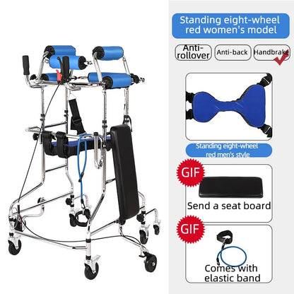 Upright Rollator Walker – 8-Wheel Anti-Tilt Stand-Up Walker with Seat, Hemiplegia Mobility Support Frame