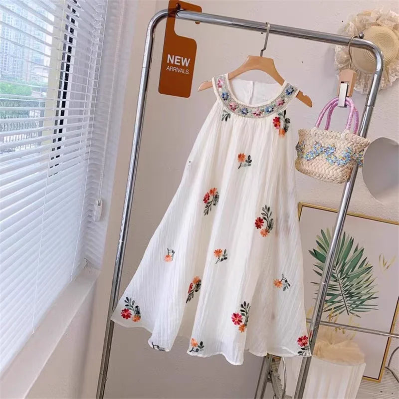 Summer Girls Bohemian Halter Neck Dress – Floral Embroidered Sleeveless Mesh Layered Dress