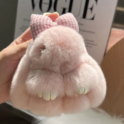 Cute Fluffy Bunny Fur Keychain – Plush Pom Pom Bag Charm and Car Key Ring with Hair Bow