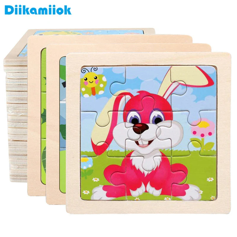 11cm Kids Wooden Jigsaw Puzzle – Cartoon Animal & Vehicle Montessori Educational Toys